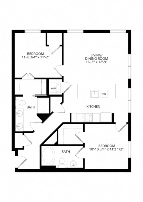 Floor plan for 2 beds, 2 baths, 1136 sqft